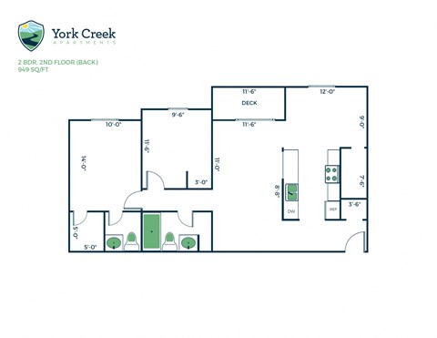 Floor plan for 2 beds, 1.5 baths, 949 sqft